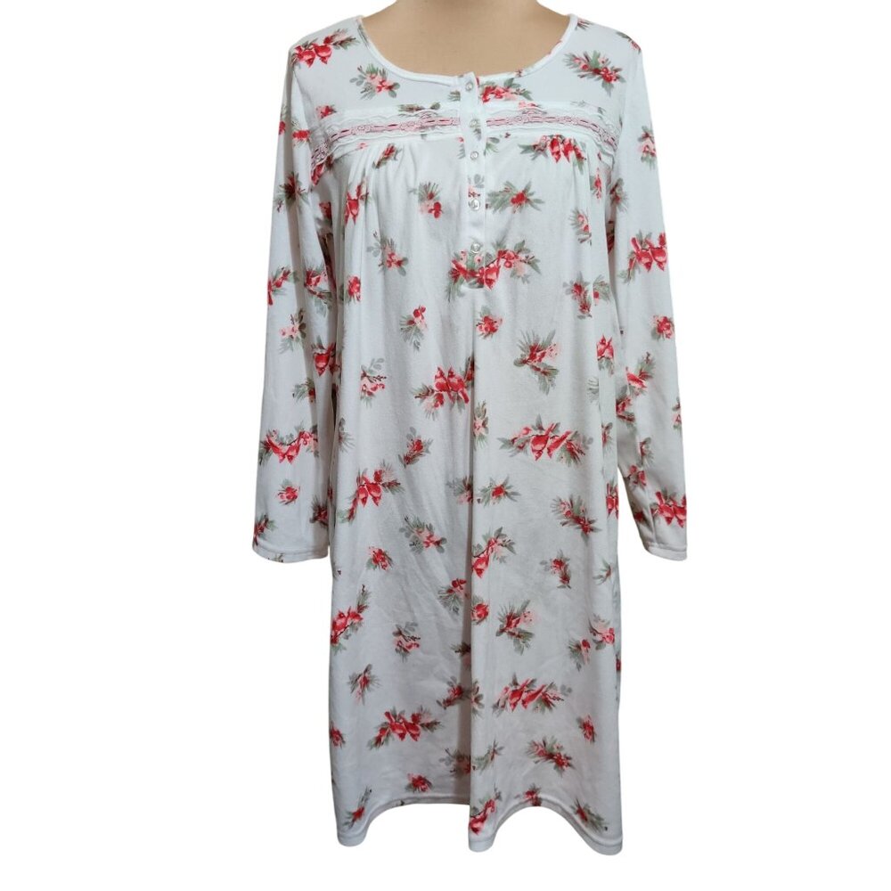 Laura Ashley M White Floral Fleece Nightgown Lace Trim Cardinal Bird Soft Cozy